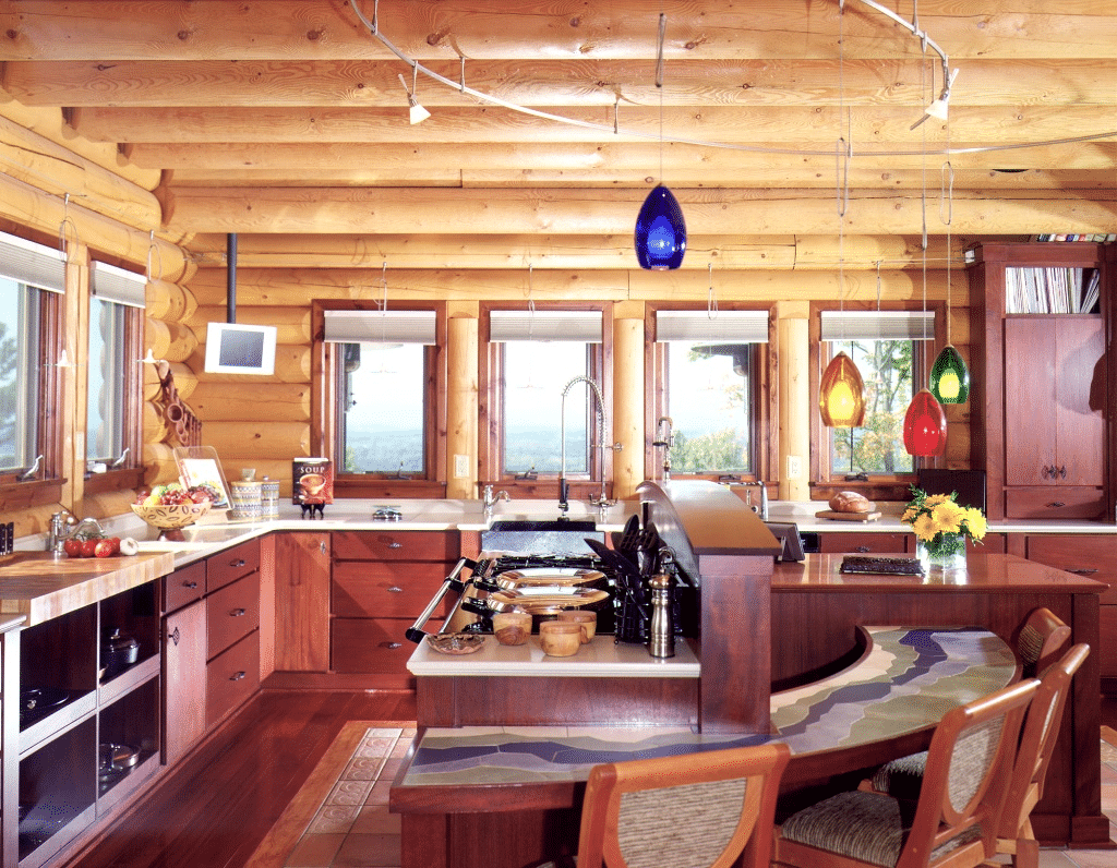 light log cabin kitchen